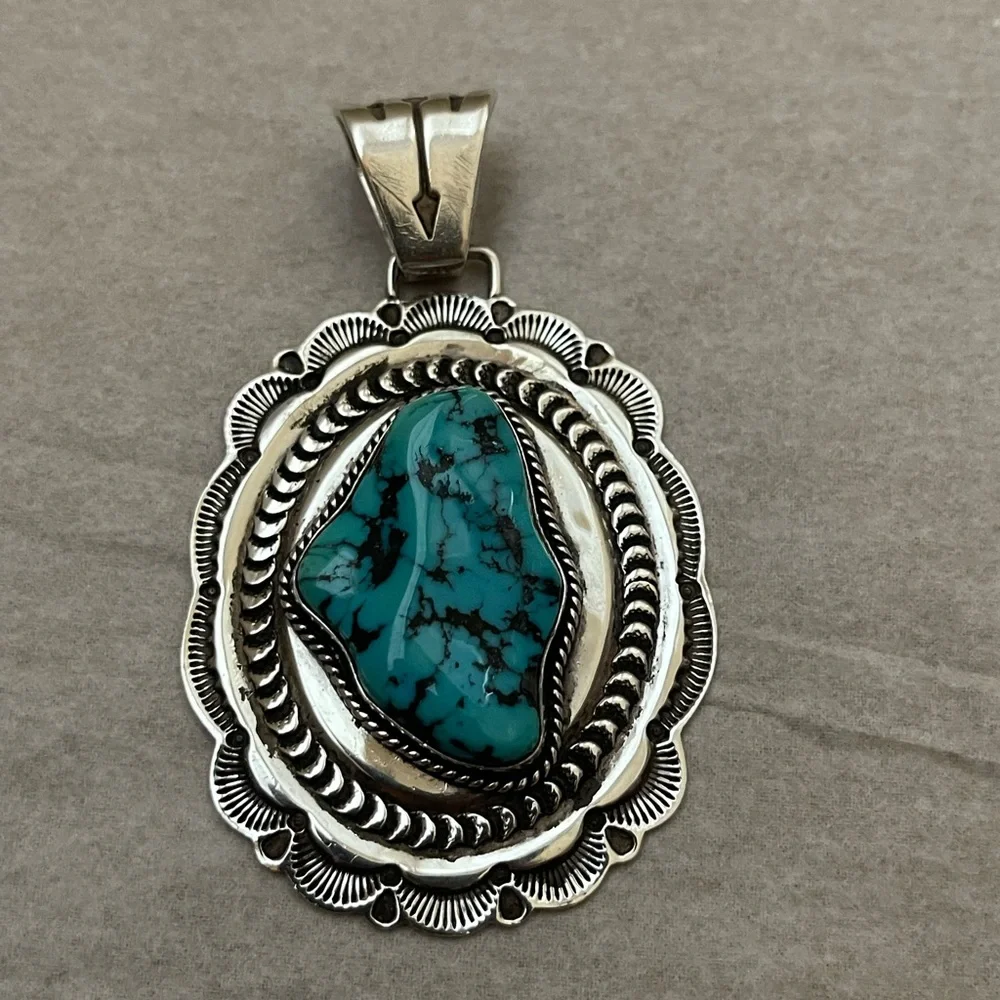 Authentic Navajo Sterling Silver Large Pendant with Turquoise by Sunshine Reeves - Picture 1 of 7